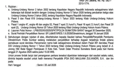 Polda Sumbar Dalami Dugaan Pemalsuan Surat Sengketa Tanah Ulayat Paninjauan, Arif Nida Penuhi Panggilan Klarifikasi